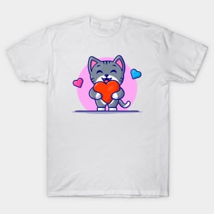 Cute Cat Holding Heart Cartoon Vector Icon Illustration T-Shirt